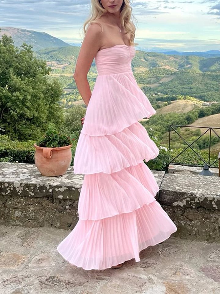 Pink Chiffon Tiered Ruffles Long Prom Dress Pink Strapless Party Dress