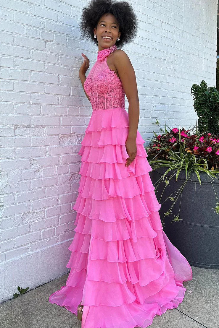 Glamorous Pink A-Line Halter Neck Sleeveless flounce Back Zip  Floor-Length Prom Dress