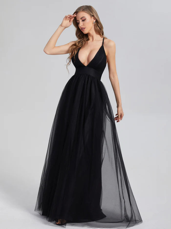 V-neck Split Tulle Prom Dresses