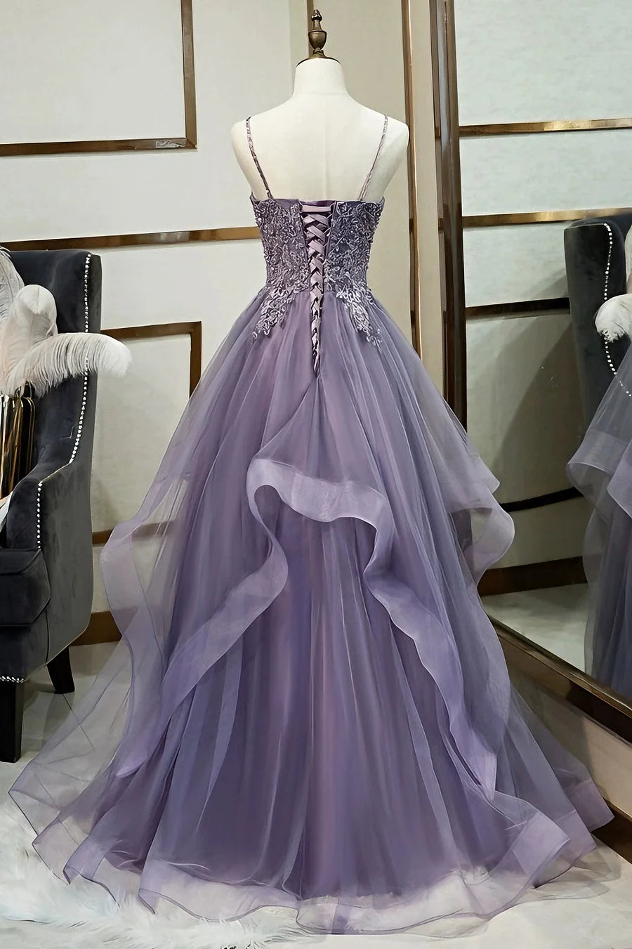 Purple sling high-end forest-style colored yarn evening dress