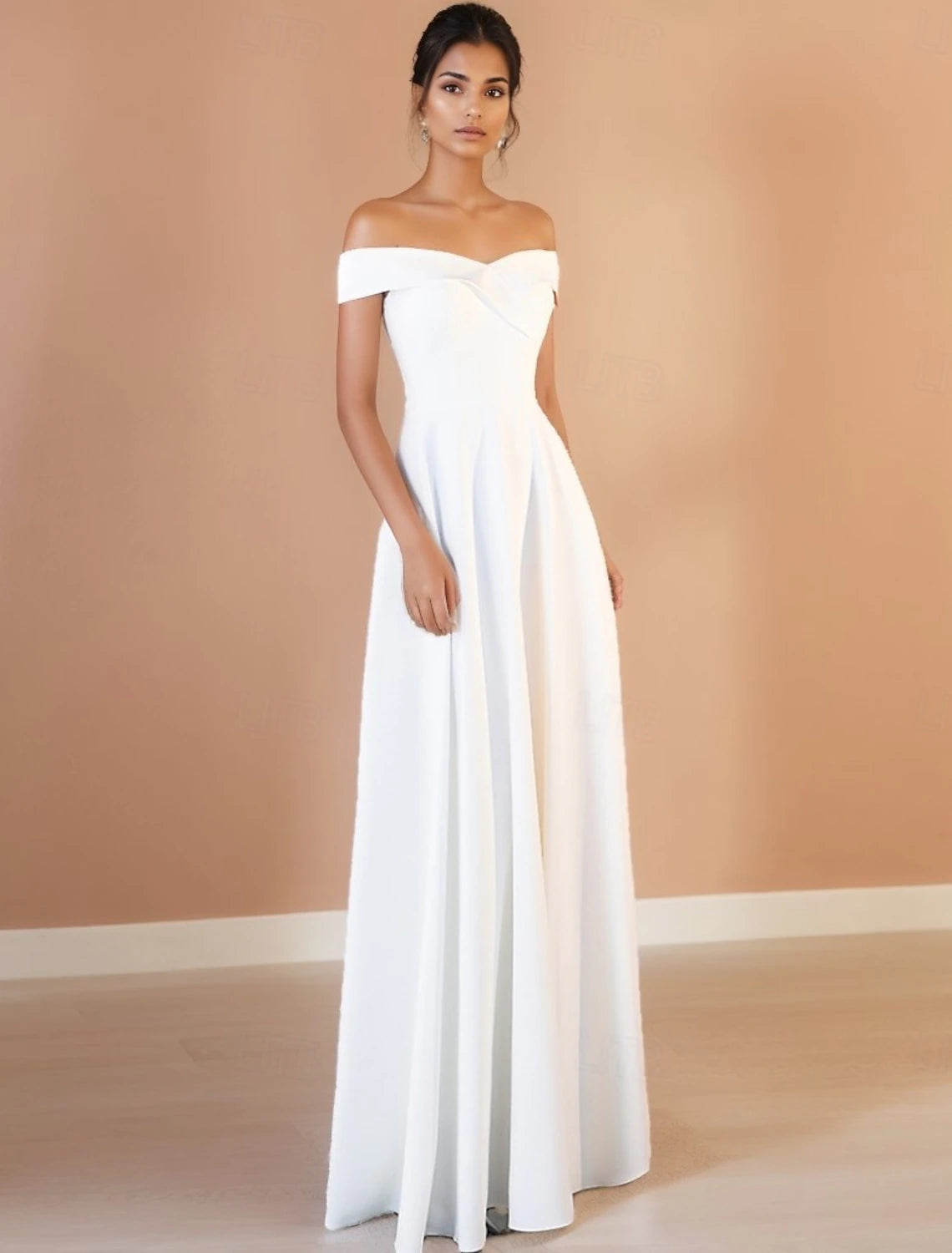 A-Line Evening Gown Elegant Dress Formal Wedding Floor Length 3/4 Length Sleeve Off Shoulder Sequined with Criss Cross