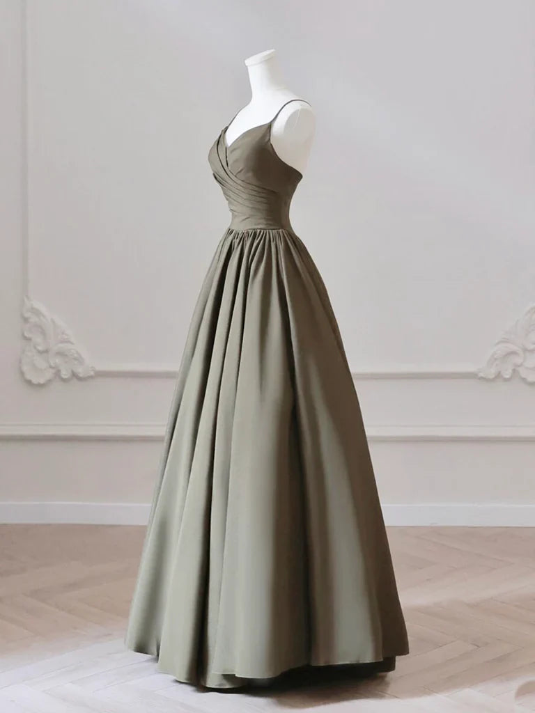 Elegant V-neck satin olive green long ball gown
