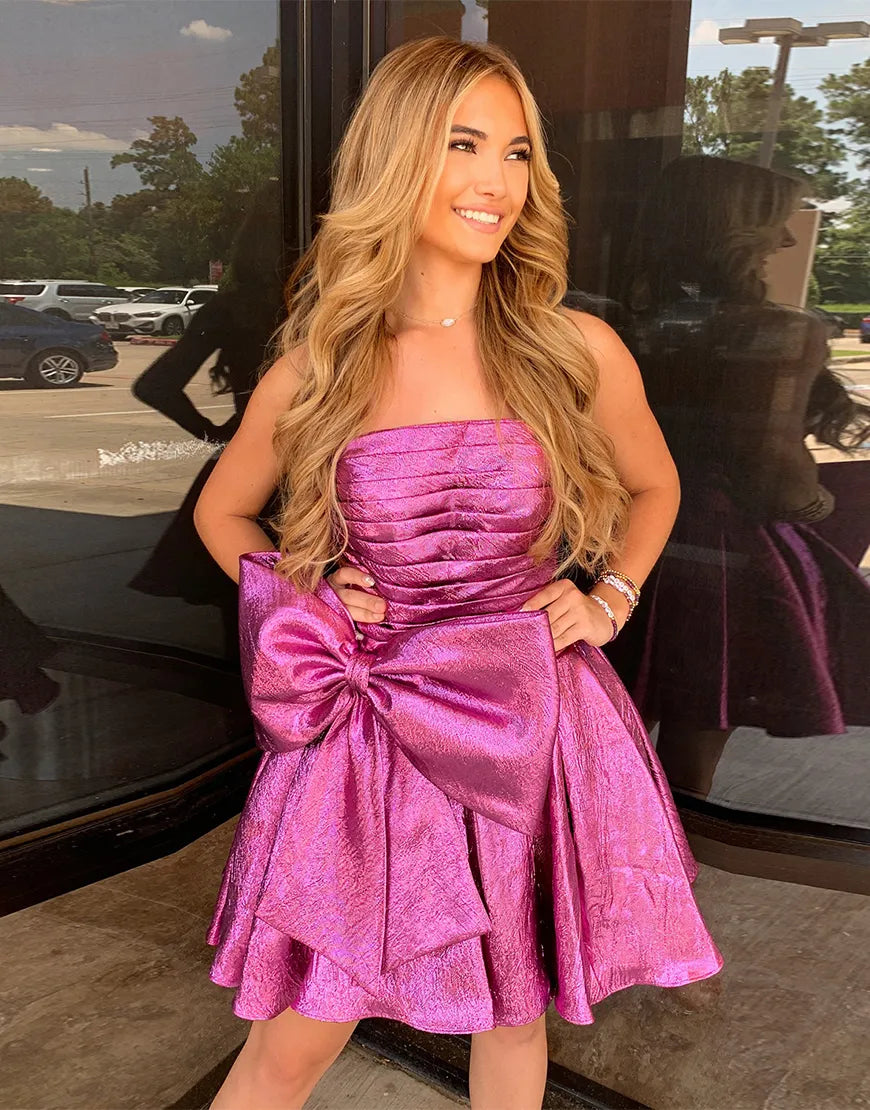 Purple sequin short strapless A-line big bow party dress