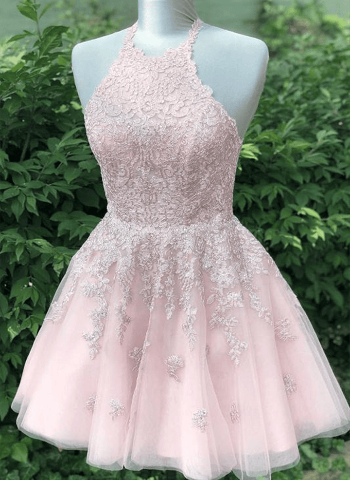 Pink Halter Tulle with Lace Short Party DressPink Tulle Homecoming Dress