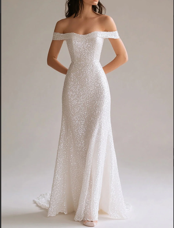 Sparkly White Sequin Sheath Long Off the Shoulder Prom Dress