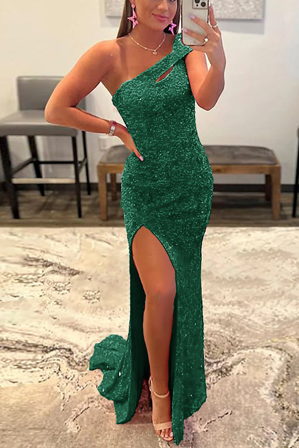 Pink long shoulder slit sequin dance dress