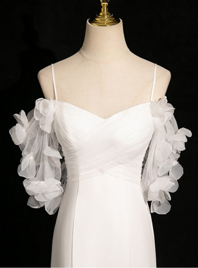 White Mermaid Spaghetti Straps Pleats Prom Dress