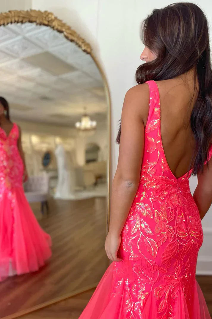 DingJiDress Fuchisa Evening Dress V Neck Sequin Lace Mermaid Long Prom Dresses