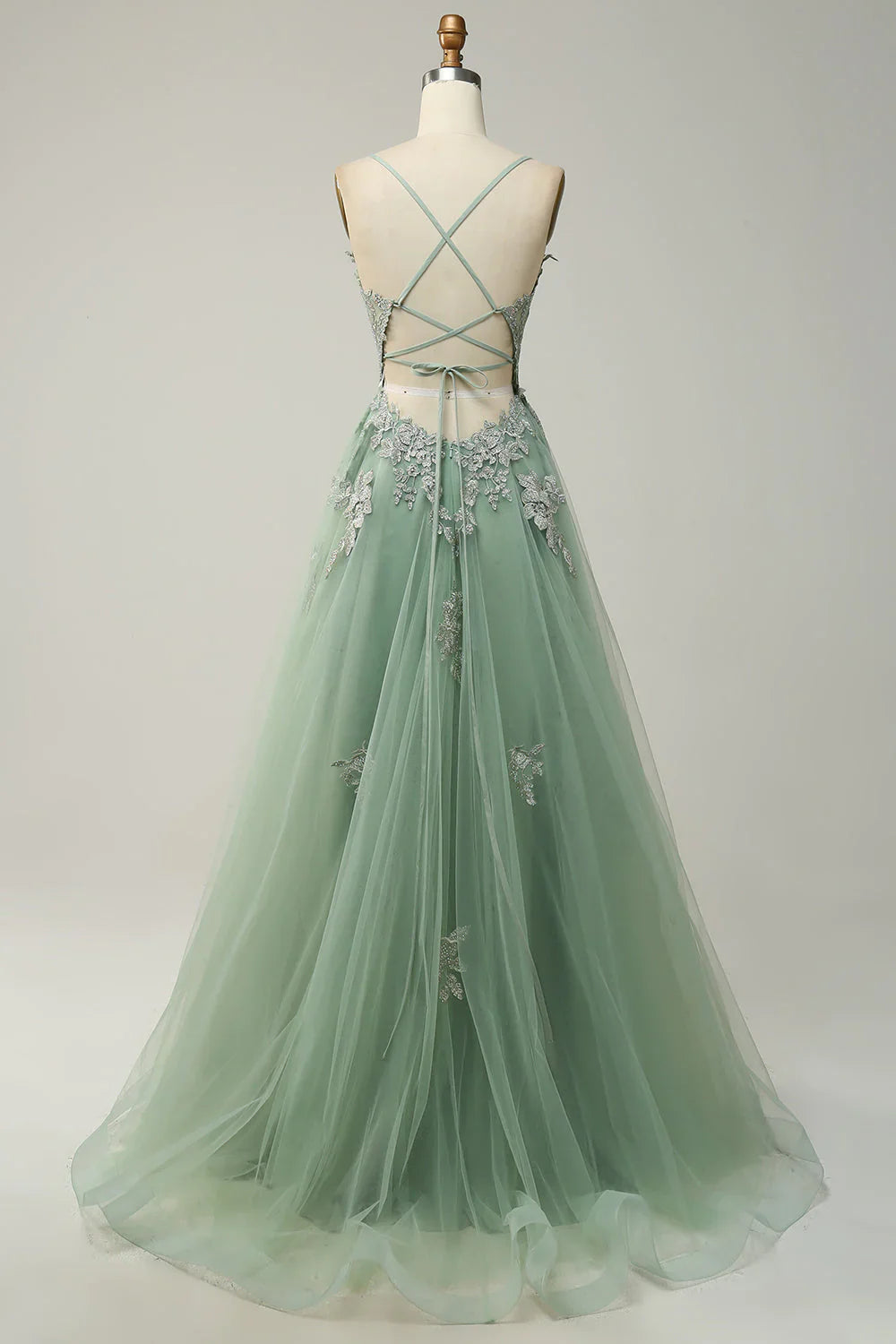 DingJiDress A Line Spaghetti Straps Green Long Prom Dress with Criss Cross Back