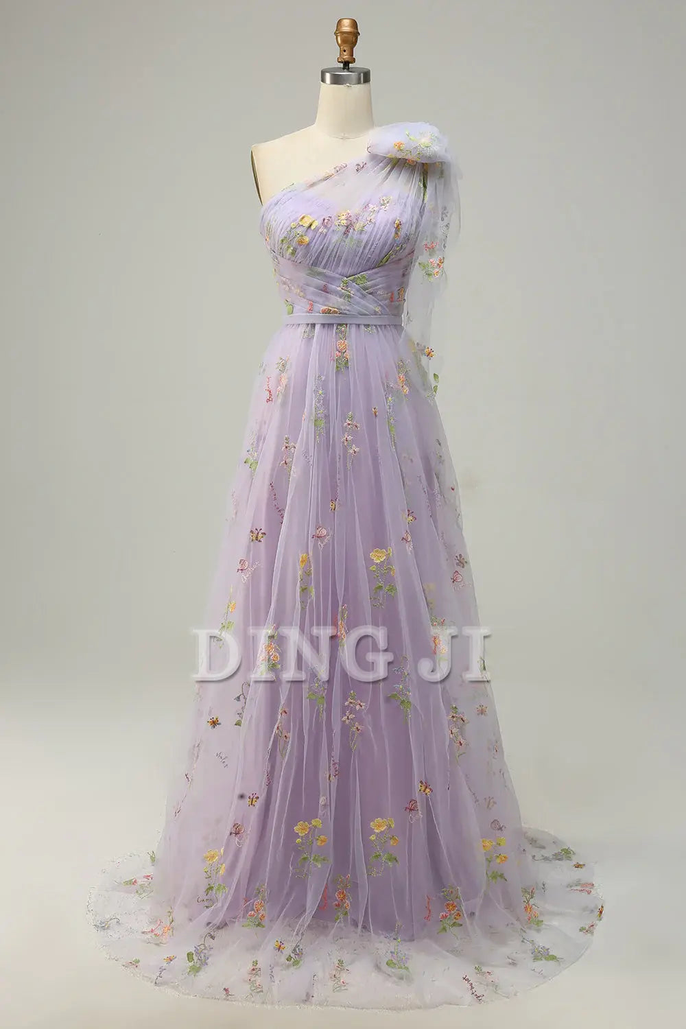 DingJiDress Prom Dress A-Line One Shoulder Backless Embroidery Tulle Long Romantic Formal Women's Dresses Wedding Guests Dresses