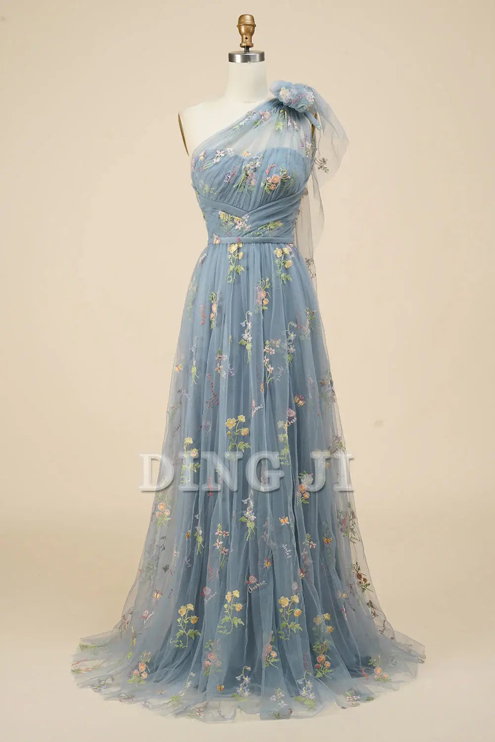 DingJiDress Prom Dress A-Line One Shoulder Backless Embroidery Tulle Long Romantic Formal Women's Dresses Wedding Guests Dresses