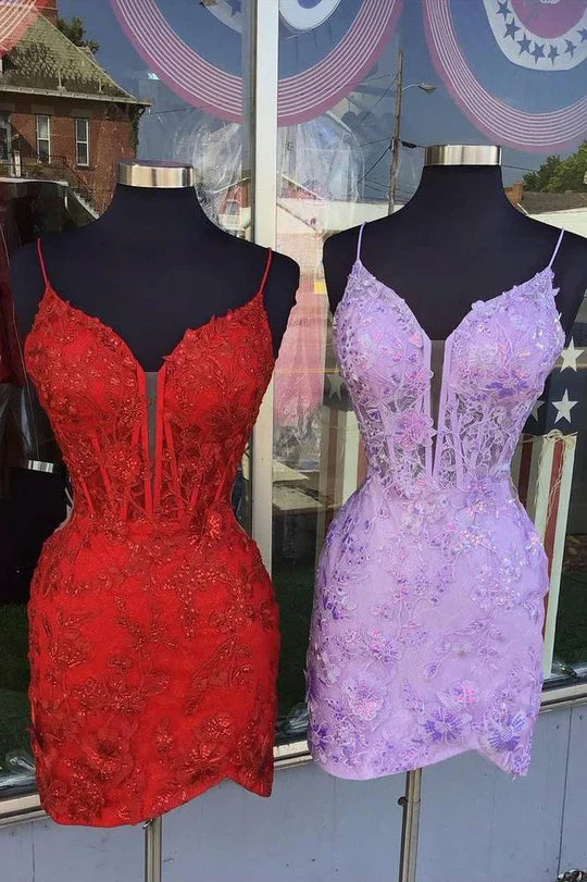 DingJiDress Homecoming Dress Red Spaghetti Straps Applique Tight Graduation Dresses