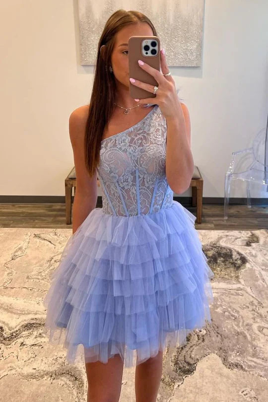 DingJiDress A-Line Layered Homecoming Dress One Shoulder Lavender Lace Graduation Dresses
