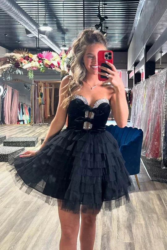 DingJiDress Homecoming Dress Strapless Velvet Beaded Multi-Layer Tulle Black