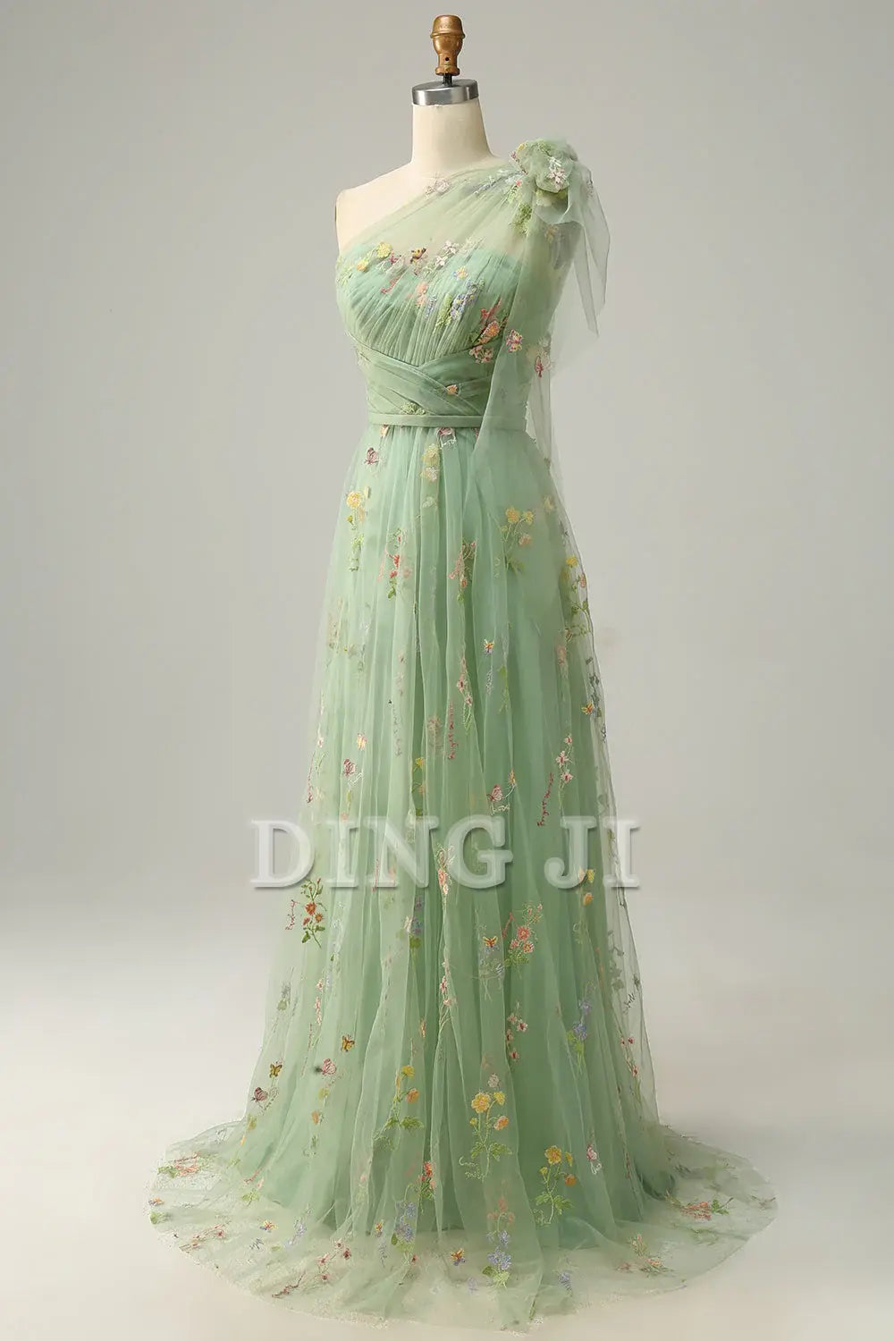 DingJiDress Prom Dress A-Line One Shoulder Backless Embroidery Tulle Long Romantic Formal Women's Dresses Wedding Guests Dresses