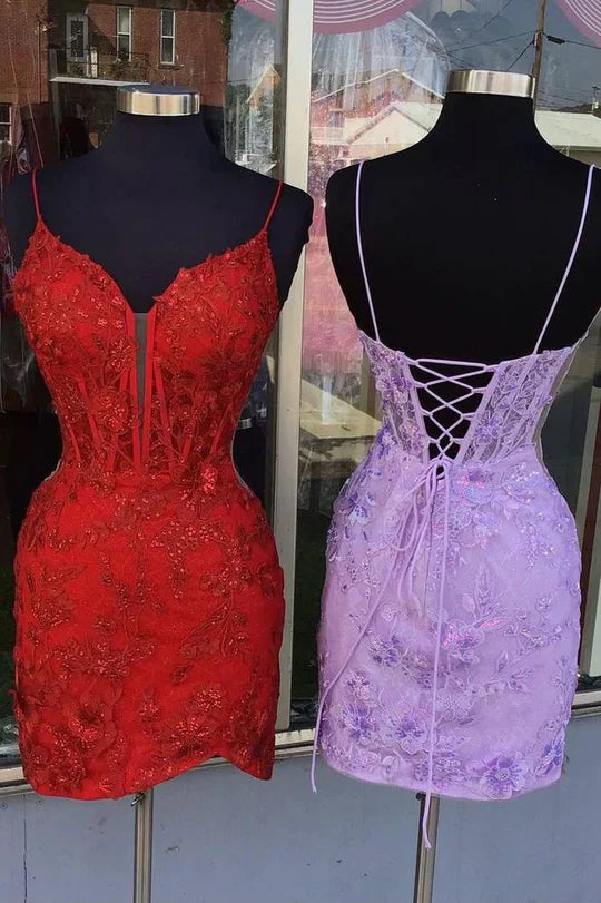DingJiDress Homecoming Dress Red Spaghetti Straps Applique Tight Graduation Dresses