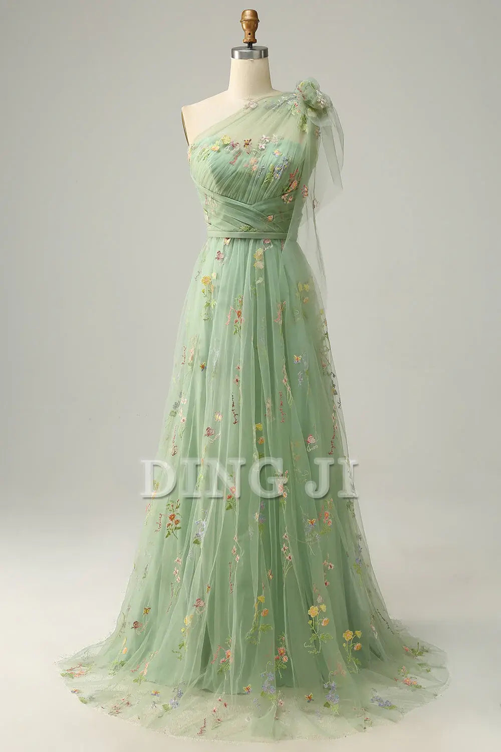 DingJiDress Prom Dress A-Line One Shoulder Backless Embroidery Tulle Long Romantic Formal Women's Dresses Wedding Guests Dresses