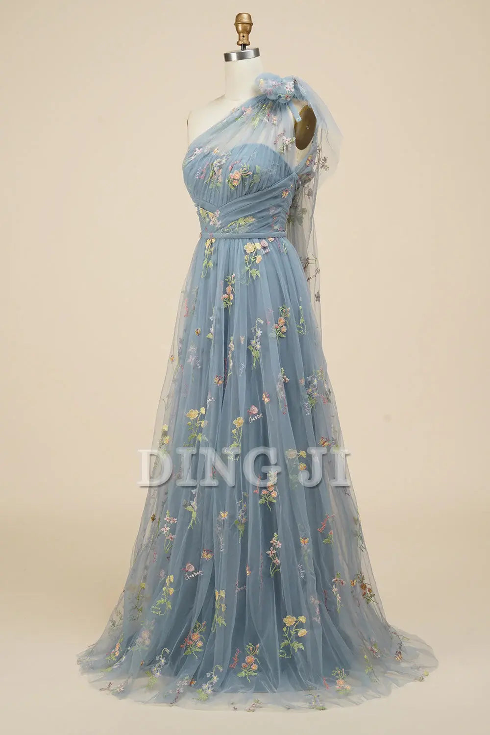 DingJiDress Prom Dress A-Line One Shoulder Backless Embroidery Tulle Long Romantic Formal Women's Dresses Wedding Guests Dresses