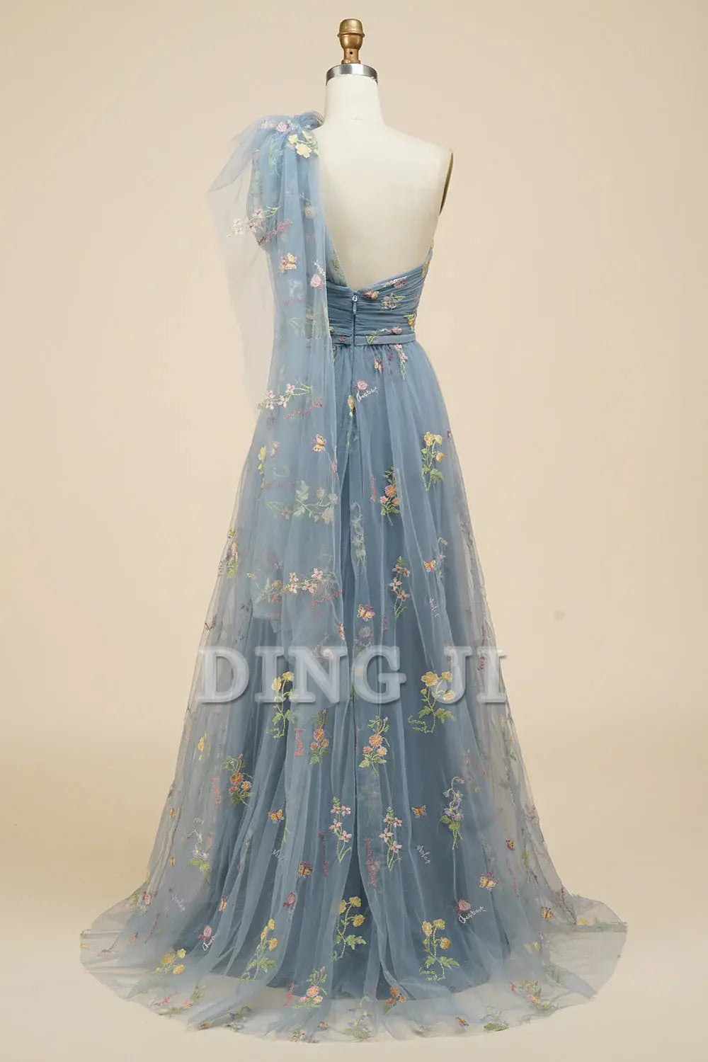 DingJiDress Prom Dress A-Line One Shoulder Backless Embroidery Tulle Long Romantic Formal Women's Dresses Wedding Guests Dresses