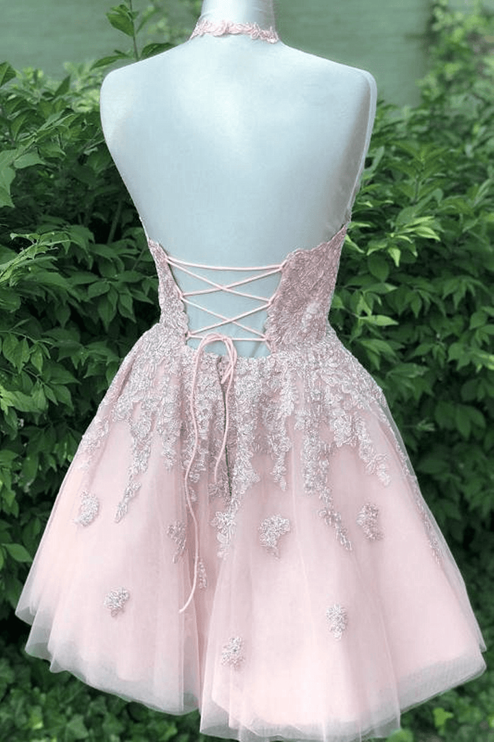 Pink Halter Tulle with Lace Short Party DressPink Tulle Homecoming Dress