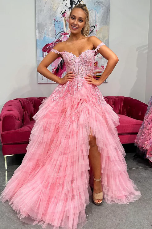 DingJiDress Pink Off the Shoulder Evening Dress Tiered Tulle Long Prom Dresses with Appliques