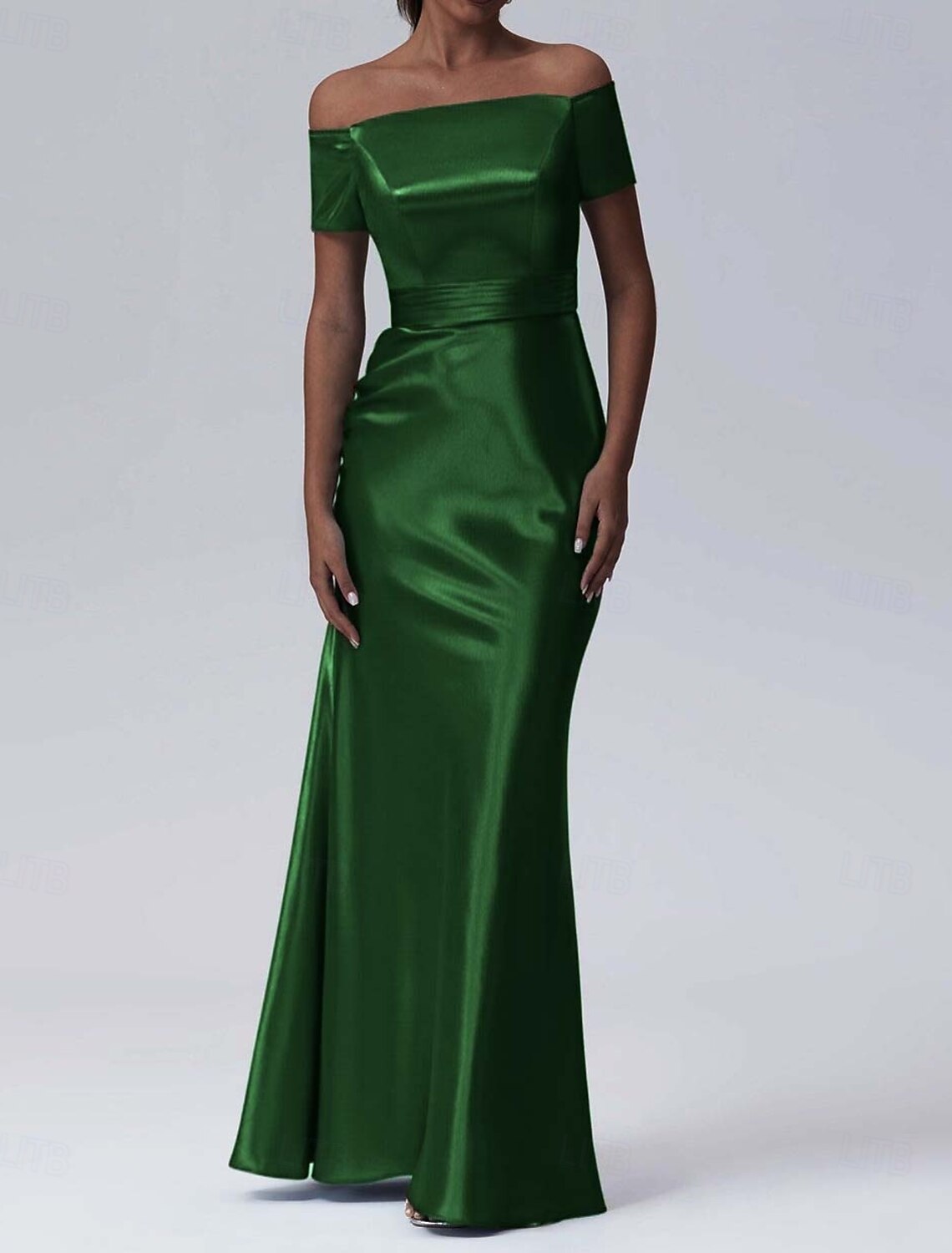 Sheath Column Evening Gown Elegant Dress Formal Performance Floor Length Short Sleeve Off Shoulder Glossy Satin
