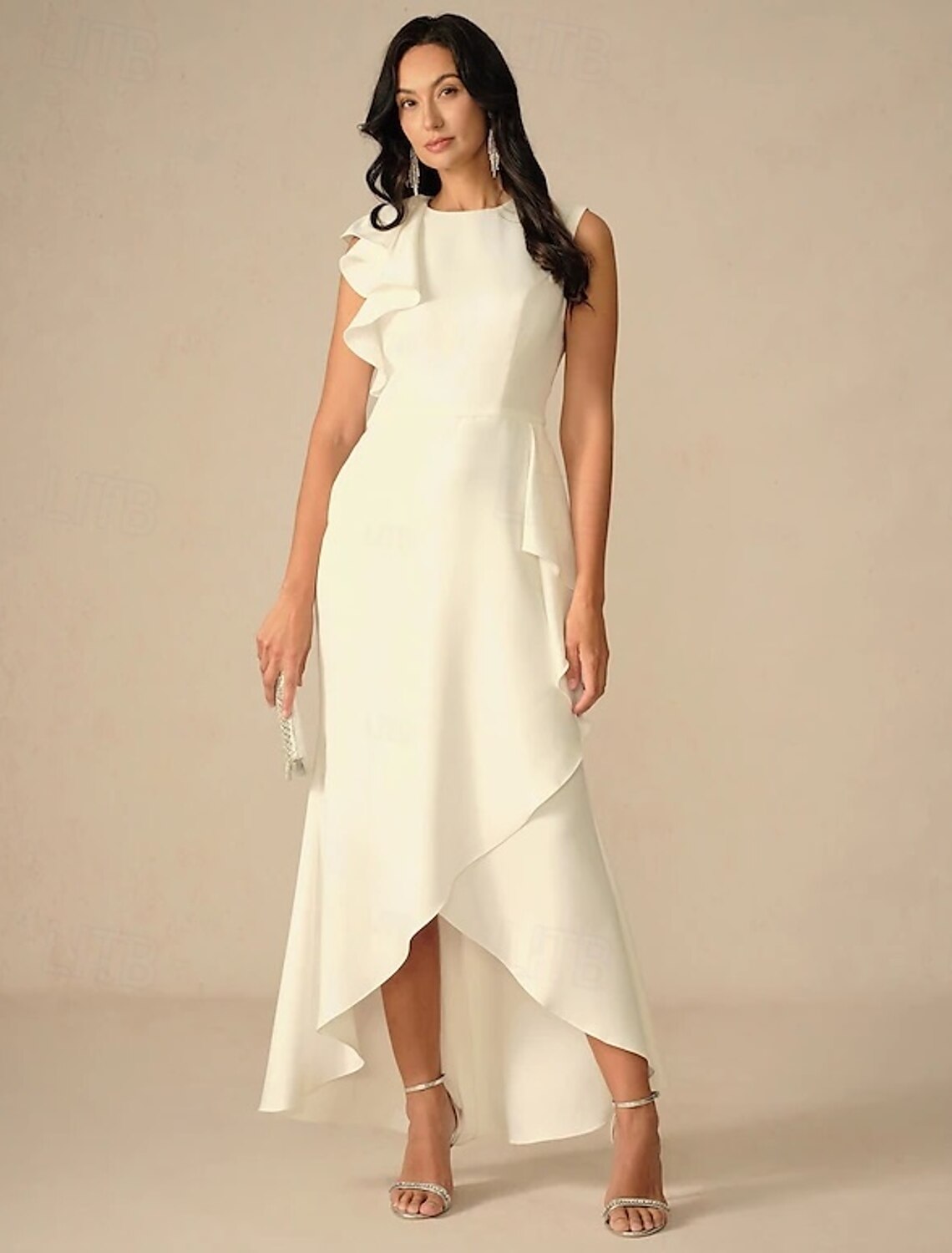 SheathColumn Evening Gown Elegant Dress Formal Sweep / Brush Train Sleeveless Crew Neck Stretch Chiffon with Fringe