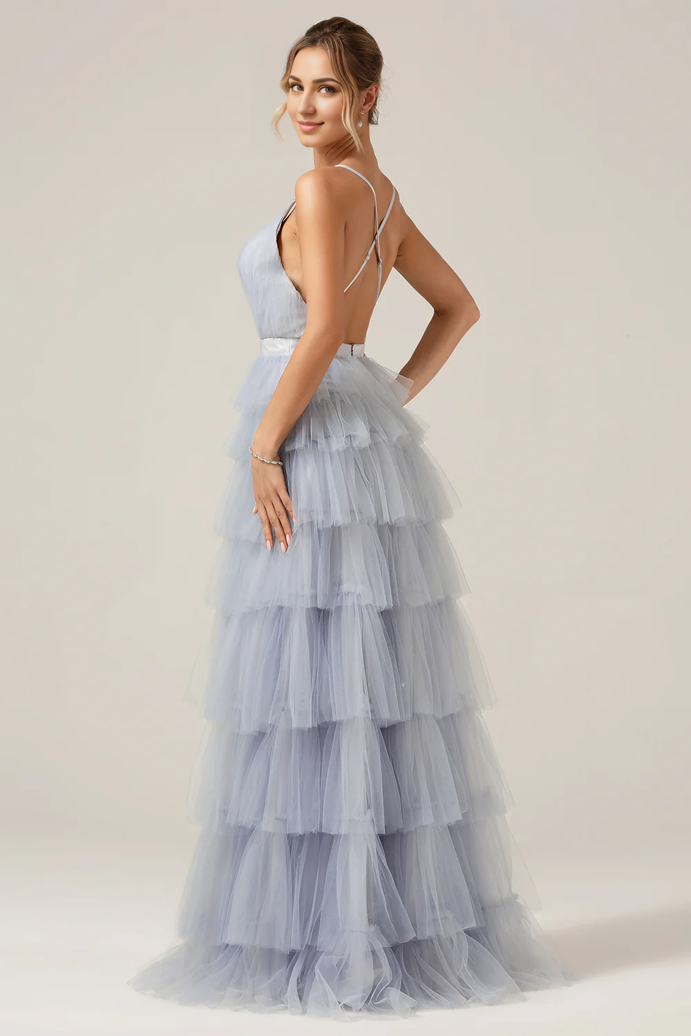 DingJiDress Dusty Blue A-Line Wedding Guest Dresses Spaghetti Straps Tiered Long Tulle Maxi Dress