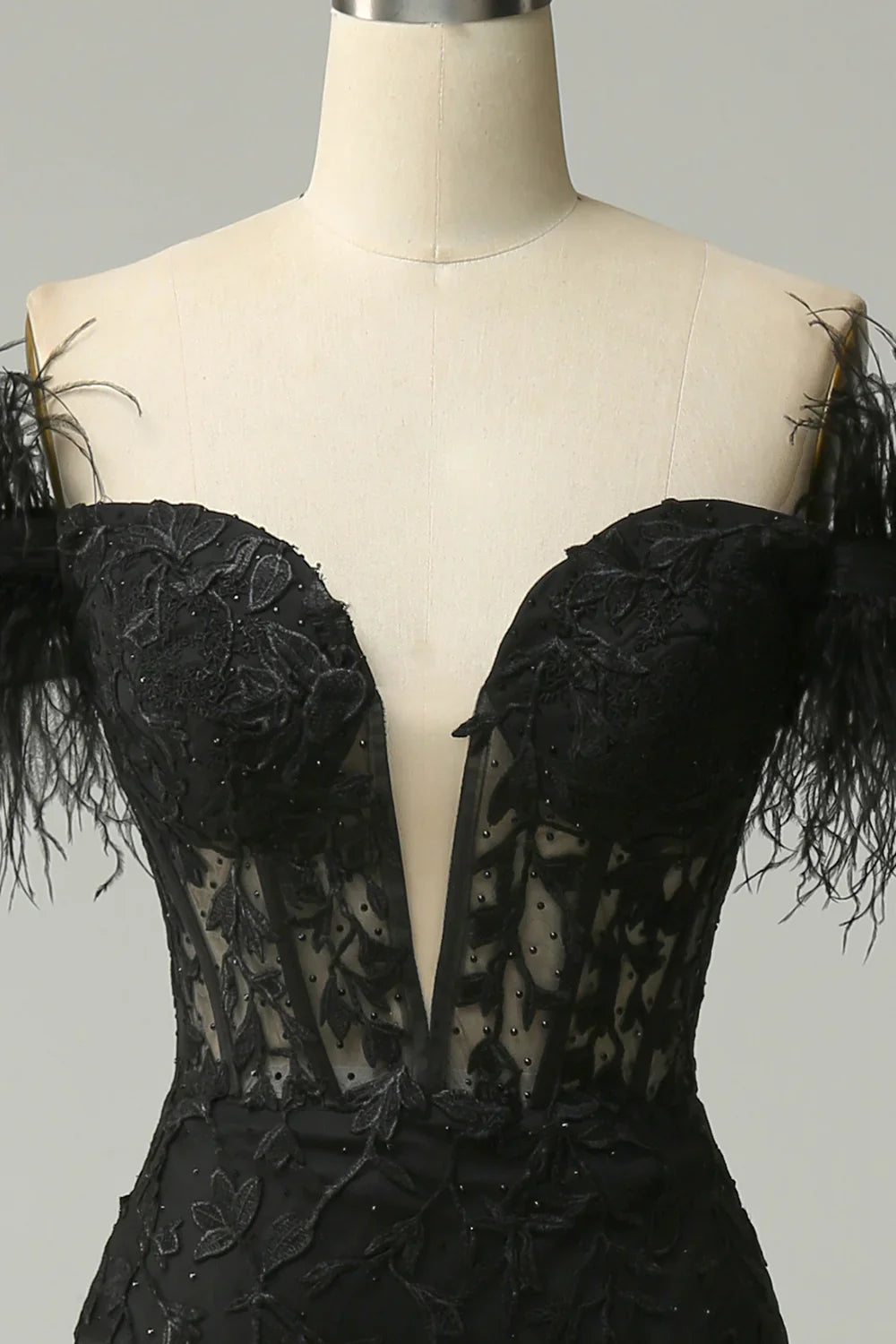 DingJiDress Off the Shoulder Black Mermaid Prom Dress with Feathers