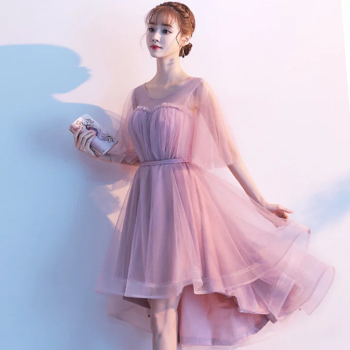 Dark Pink High Low Tulle Puffy Sleeves Party Dress Dark Pink Homecoming Dress
