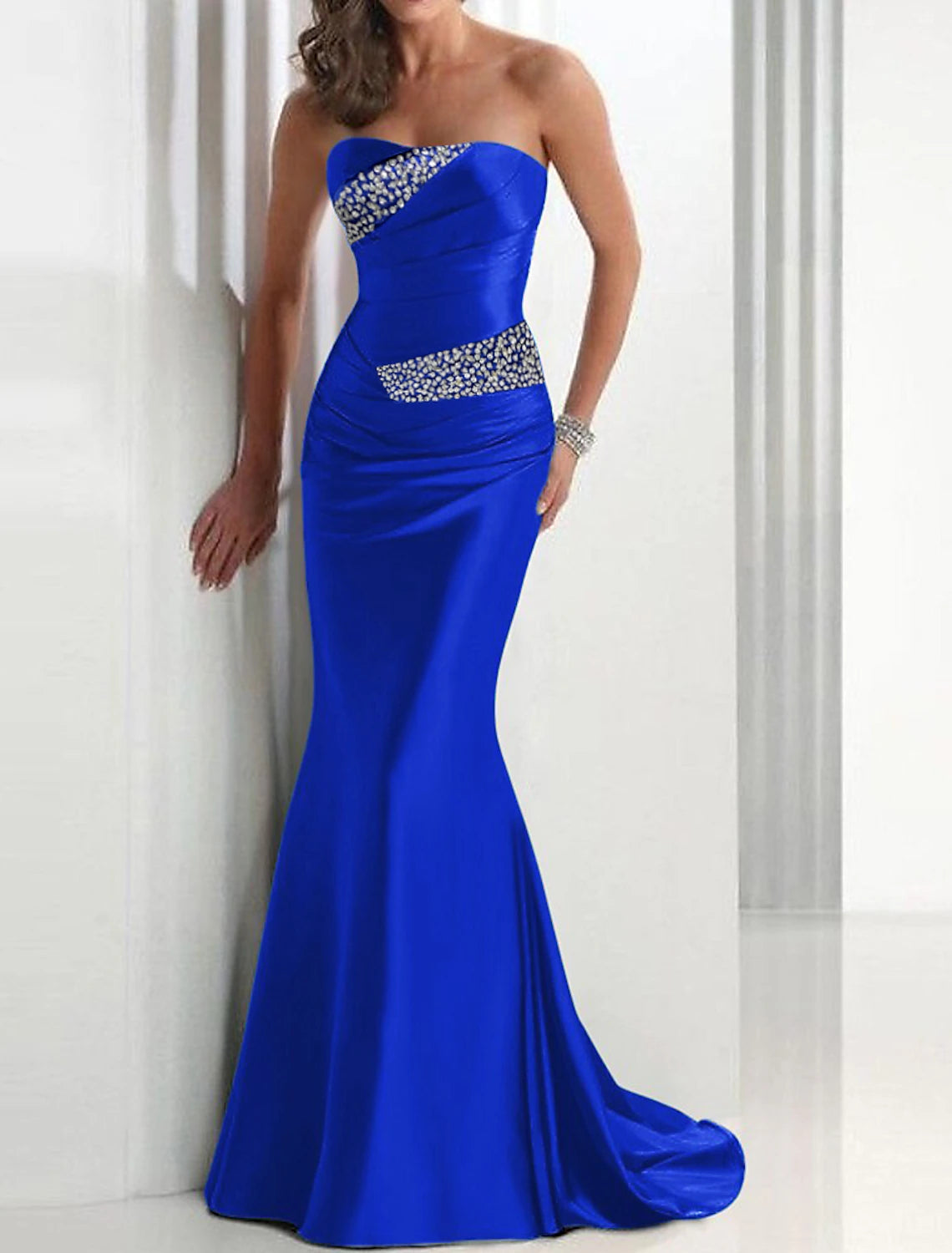 Mermaid Sequin Evening Gown Elegant Dress Wedding Guest Formal Evening Sweep / Brush Train Sleeveless Strapless Satin with Crystals Masquerade Dress dress to impress