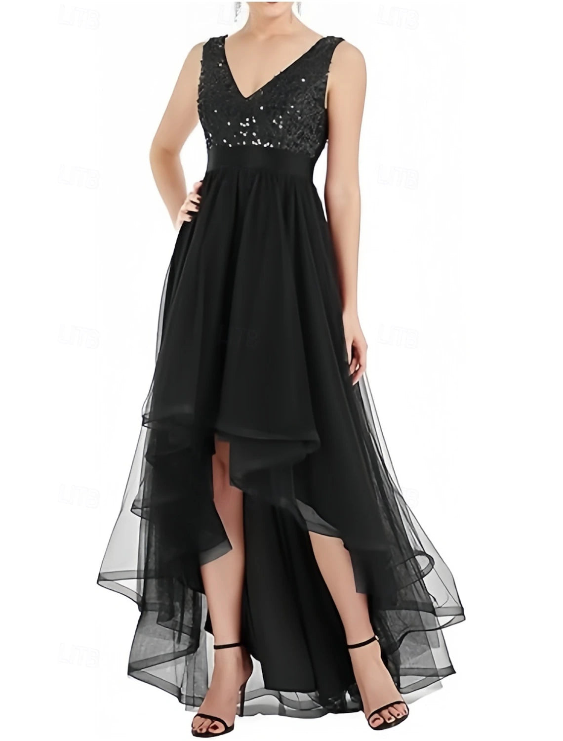 A-Line Evening Gown Elegant Dress Formal Evening Party Asymmetrical Sleeveless V Neck Chiffon with Pleats Sequin