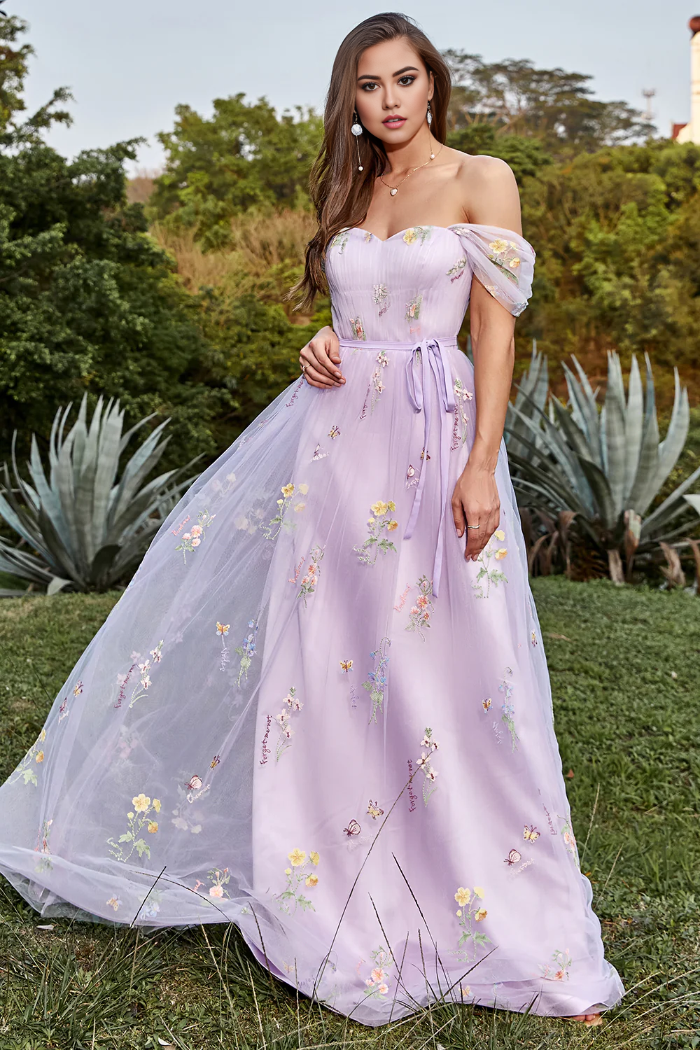 DingJiDress Lavender A Line Off The Shoulder Prom Dresses Tulle Formal Dress With Embroidery