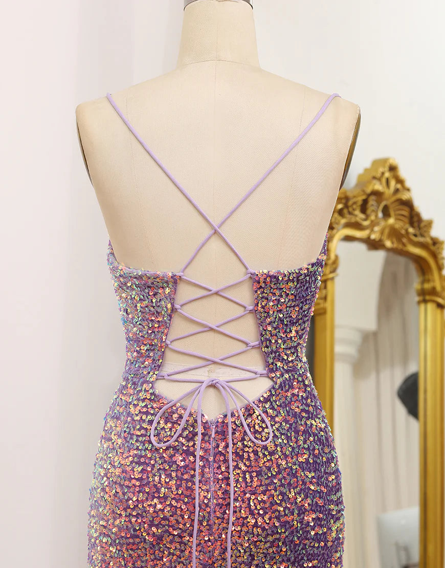 Sparkly Light Purple Lace-Up Back Sequins Long Prom Dress with Fringes