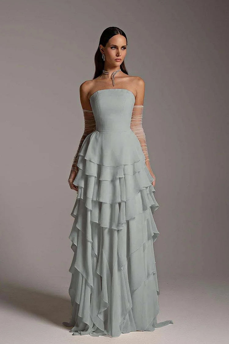 Charming Strapless Sleeveless Ruffles Long Prom Dress With