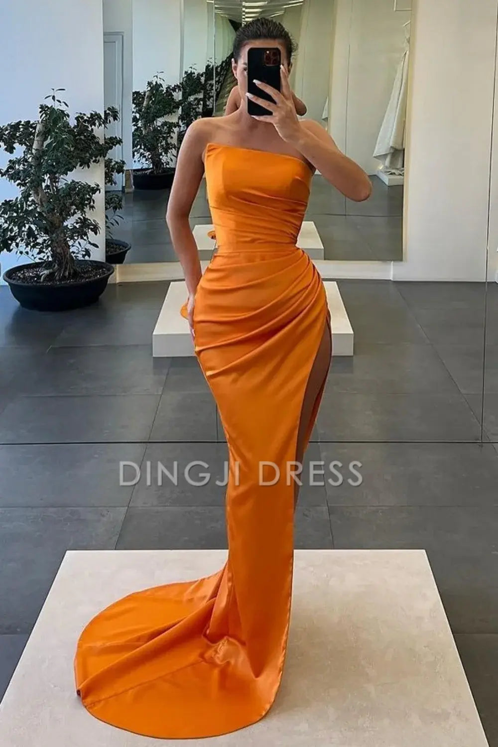 DingJiDress Stylish Mermaid Strapless Long Pleated Satin with Slit Charming Prom Dress