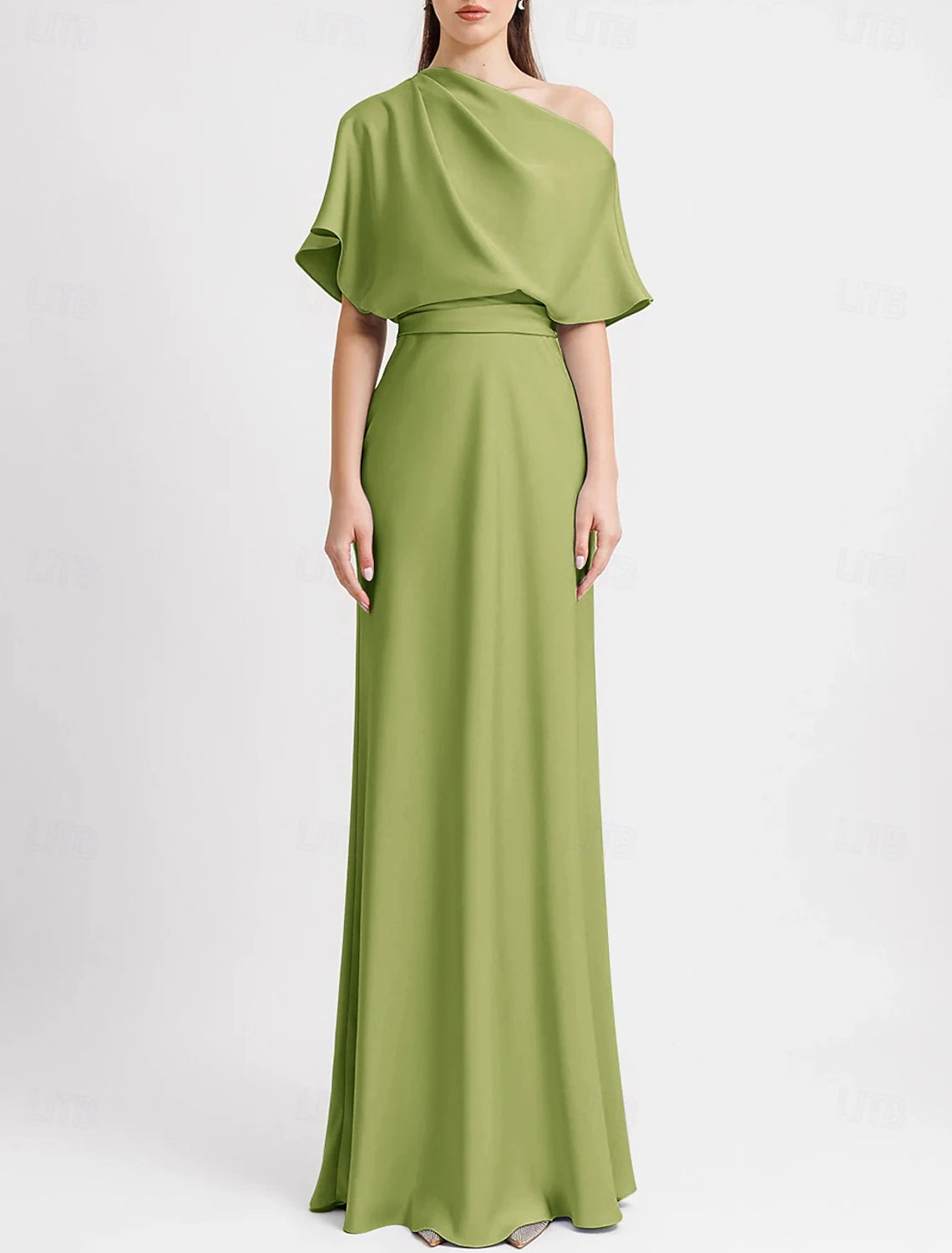 A-Line Evening Gown Elegant Dress Beach Wedding Formal Wedding Guest Floor Length Sleeveless One Shoulder Satin with Pleats Butterfly