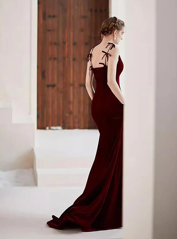 Wine Red Velvet V-neckline Low Back Mermaid Party DressWine Red Evening Dress