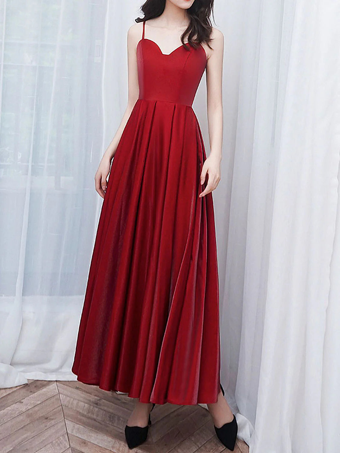 A-Line Satin Burgundy Prom Dress Burgundy Tea Length Bridesmaid Dress
