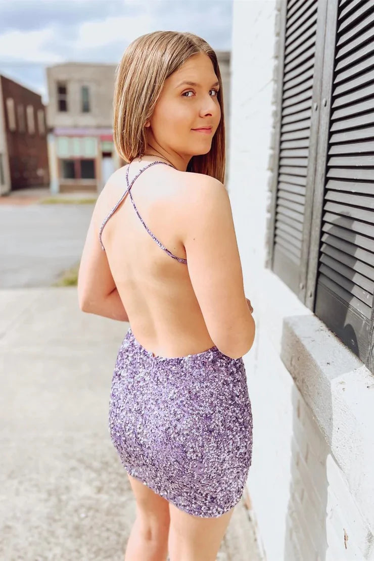Neck Lavender Sequins Short Homecoming Dresses with Open Back