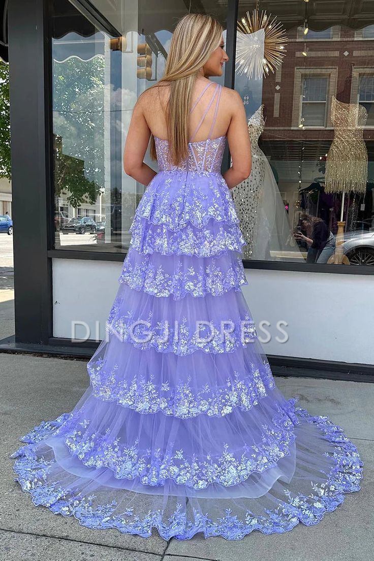 DingJiDress Mermaid One Shoulder Tulle Tiered Sequins Appliques High Quality Prom Dress