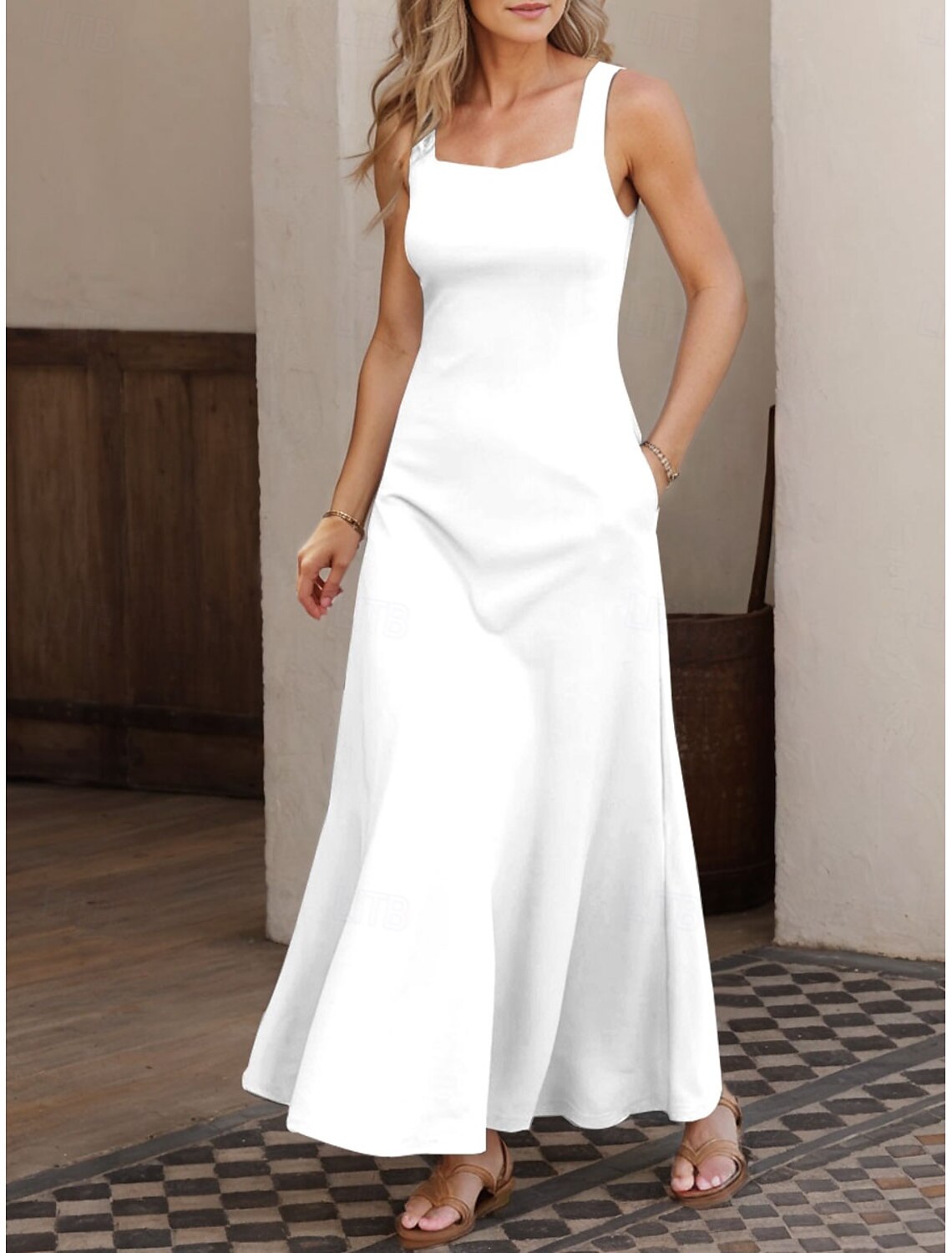 Women's Maxi Dress A Line Dress Summer Dress Off The Shoulder Dress Vacation Casual Party Date Regular Fit Solid Color Graphic Sleeveless Square Neck Black White Pink Gray Summer Spring