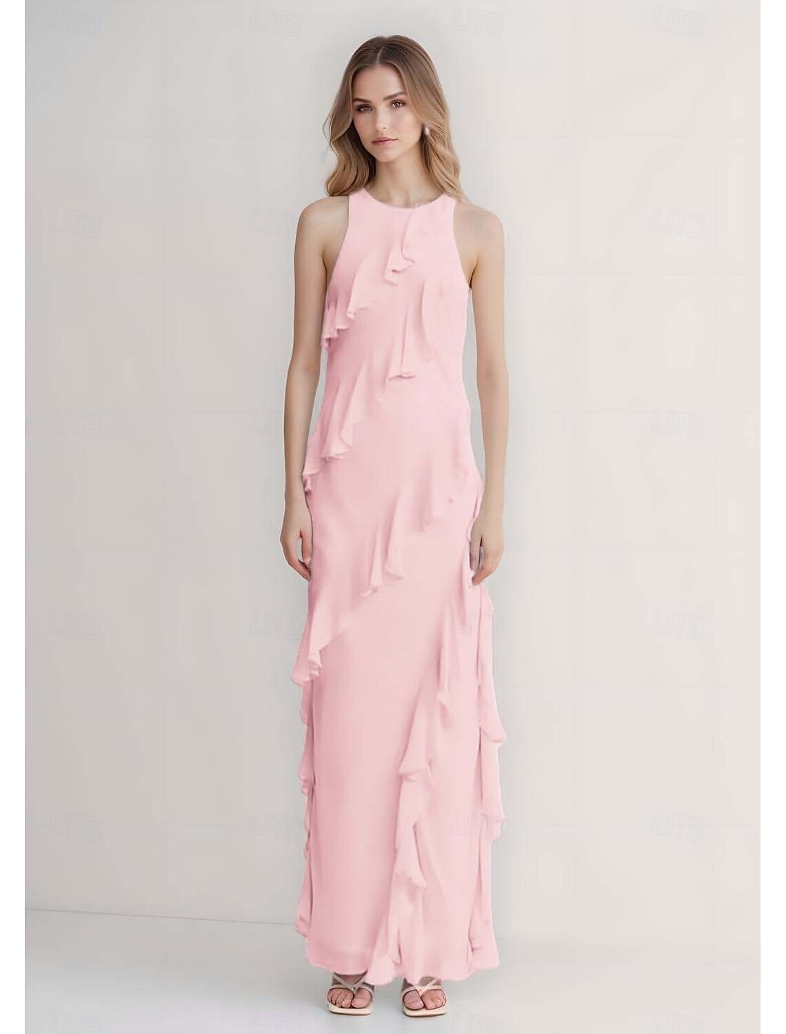 Sheath / Column Evening Gown Elegant Dress Wedding Guest Evening Party Floor Length Sleeveless Crew Neck Belt / Sash Chiffon with Ruffles