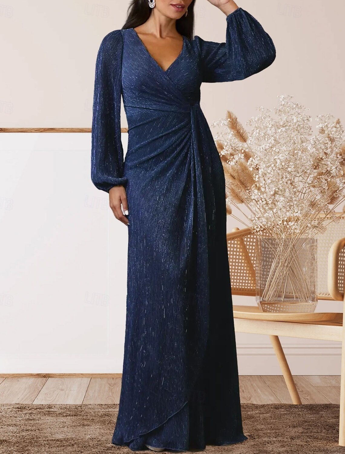 A-Line Mother of the Bride Dress Wedding Guest Elegant Sweet V Neck Floor Length Chiffon Long Sleeve with Ruffles Ruching