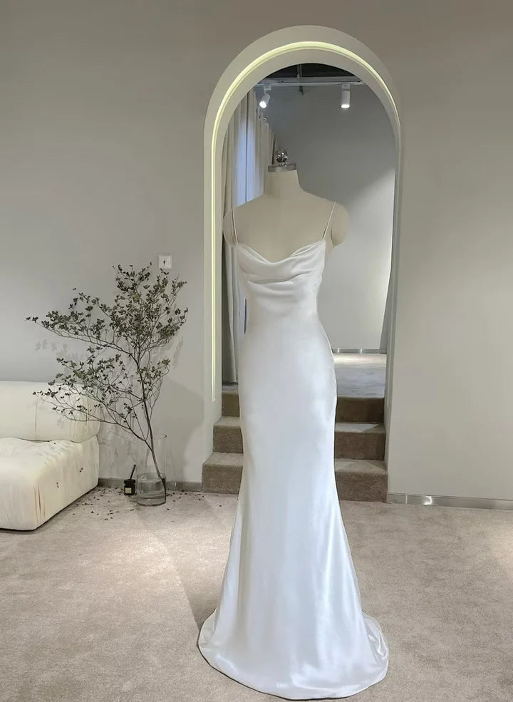White Mermaid Soft Satin Long Evening DressWhite Long Wedding Party Dress