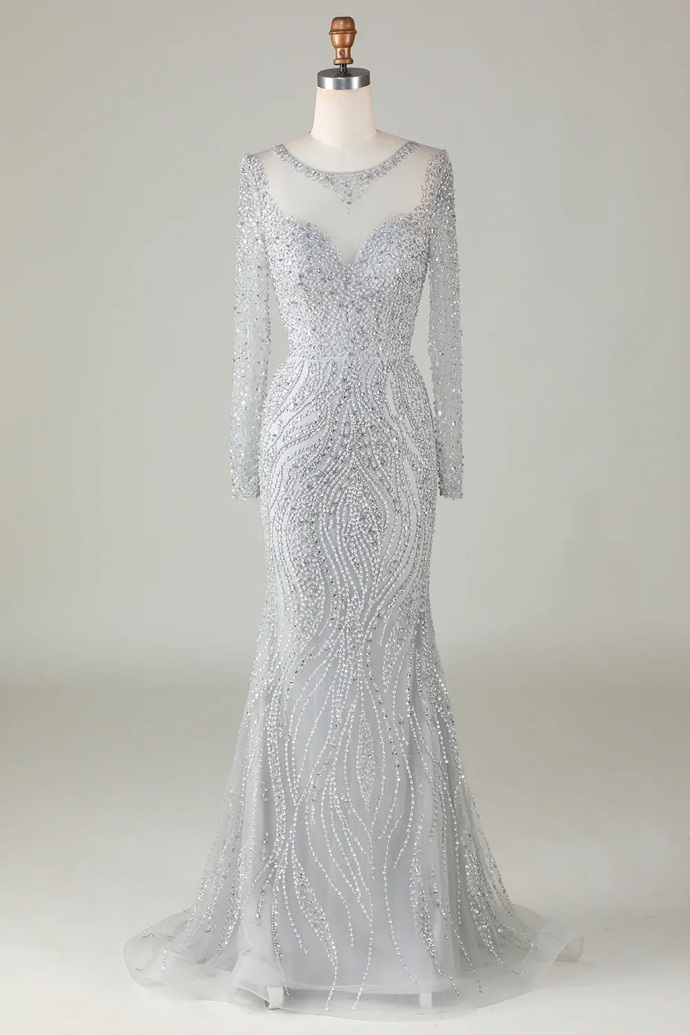 DingJiDress Gorgeous Sparkly Grey Beaded Mermaid Long Prom Dress
