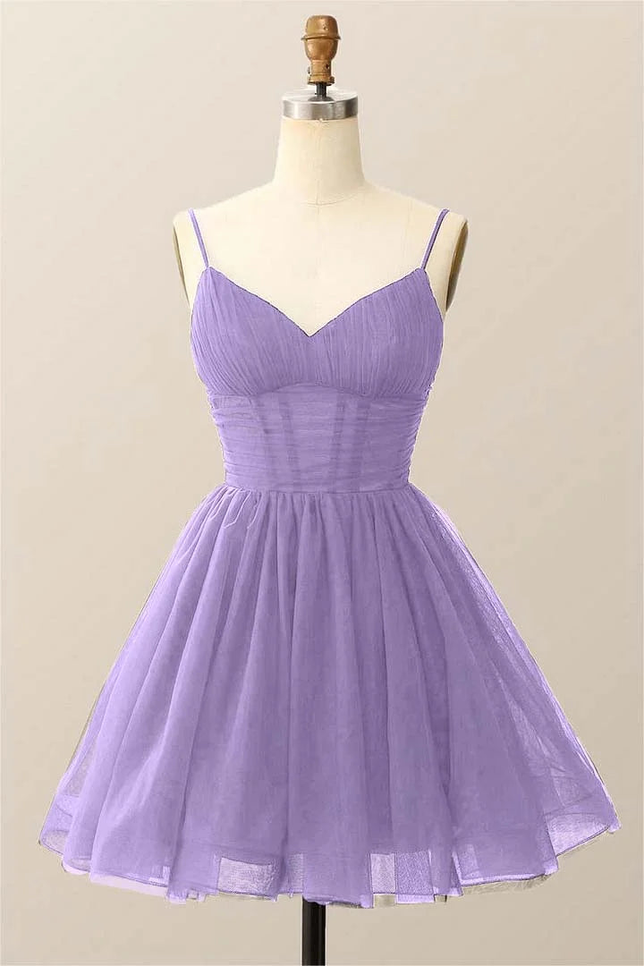 Dark Navy Tulle Spaghetti Strap Sleeveless Pleated A-Line Homecoming Dress