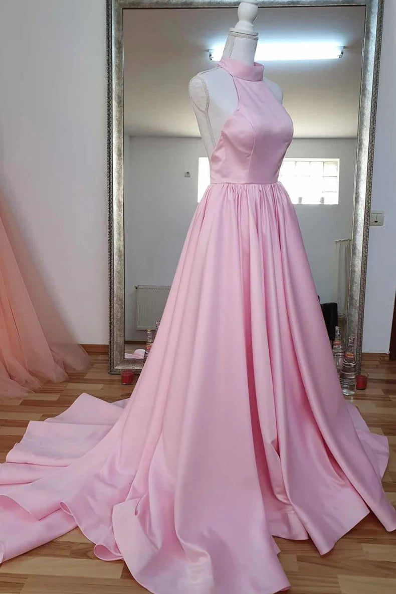 Pink high neck pink satin long prom dress pink evening dress