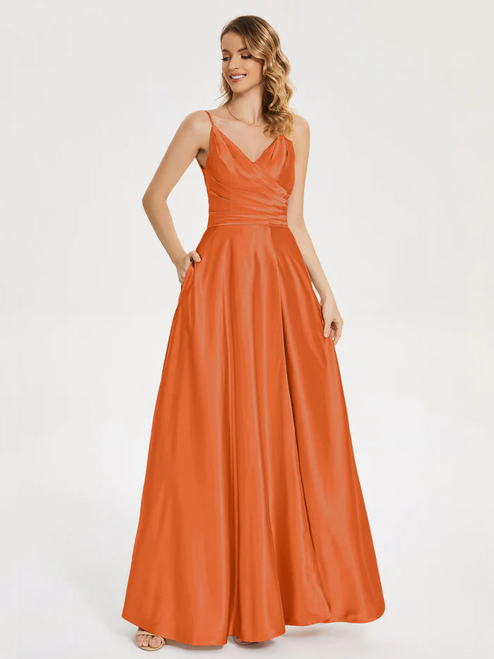 Elegant A-Line V-neck Sleeveless Lace Up Floor-Length Pleated Soft Satin Prom Dress with Slit