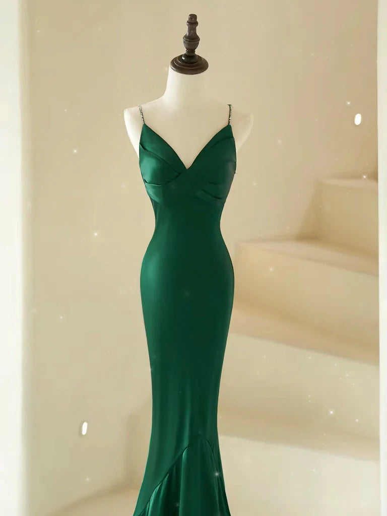 Mermaid V Neck Satin Green Long Prom Dress Green Satin Long Formal Dress